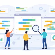 Illustration of three people analyzing colorful bar charts on large screens, with digital data elements and graphs surrounding them.