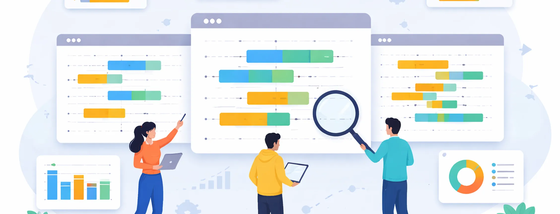 Illustration of three people analyzing colorful bar charts on large screens, with digital data elements and graphs surrounding them.