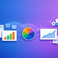 Colorful infographic showing bar graphs, a pie chart, and a rising line graph on a gradient background with gears and files.
