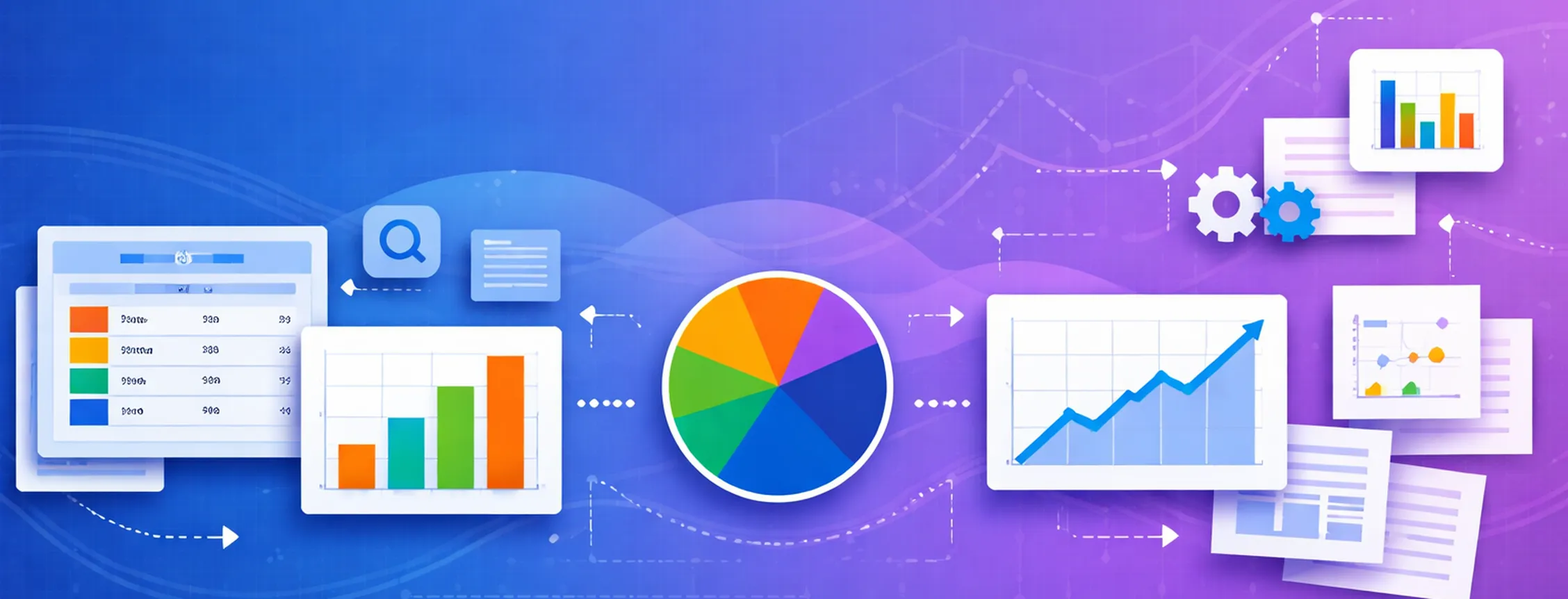 Colorful infographic showing bar graphs, a pie chart, and a rising line graph on a gradient background with gears and files.