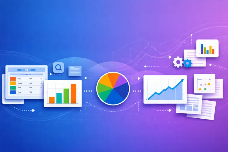 Colorful infographic showing bar graphs, a pie chart, and a rising line graph on a gradient background with gears and files.