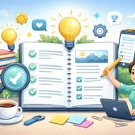 Illustration of a woman working on a checklist at a laptop, surrounded by books, pencils, coffee, and symbolic icons of ideas and progress.