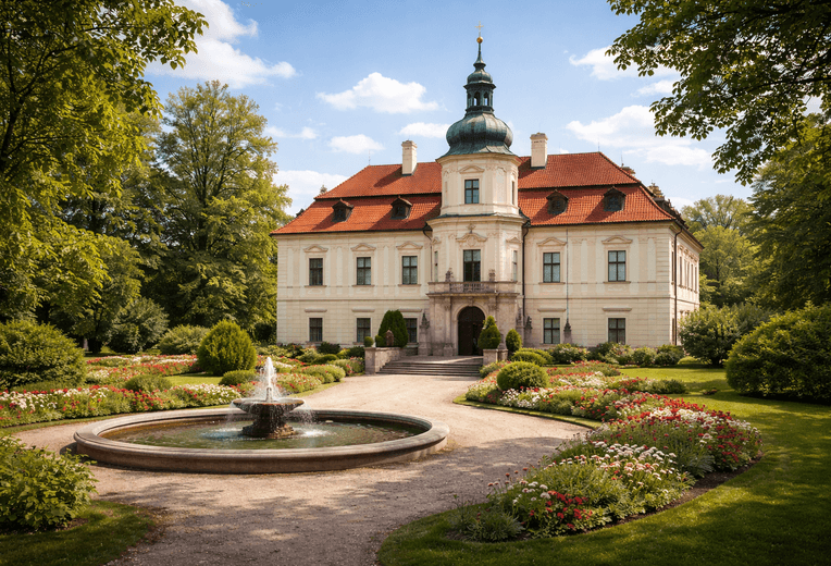 View of a historic villa with a light-colored façade and red roof, set in a formal garden with a circular fountain, flower beds, and mature trees.