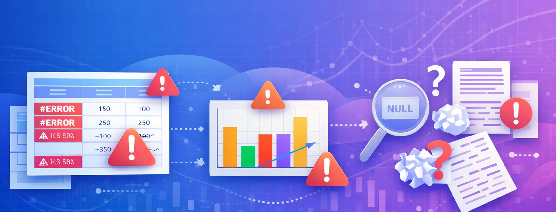 Chart with bar graph, error messages, and documents with warning symbols, illustrating data analysis issues on a blue gradient background.