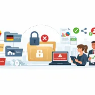 Two people managing file security on devices, with a locked folder, access denied sign, and icons of global files and charts.