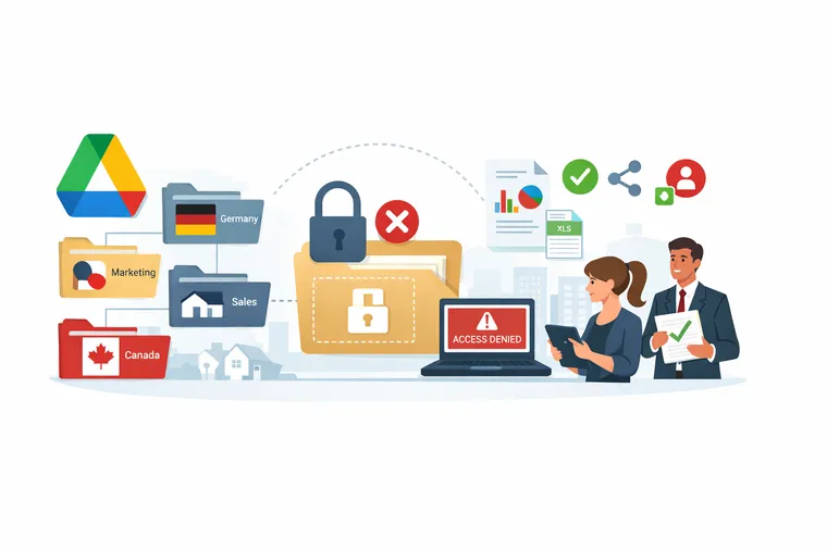 Two people managing file security on devices, with a locked folder, access denied sign, and icons of global files and charts.