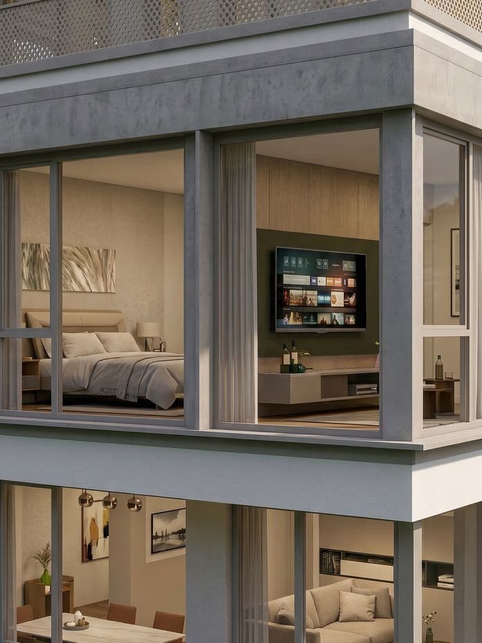 Eine moderne Wohnungsecke mit bodentiefen Fenstern, die den Blick auf ein Schlafzimmer, einen wandmontierten Fernseher, einen Esstisch und ein gemütliches Wohnzimmer freigeben.
