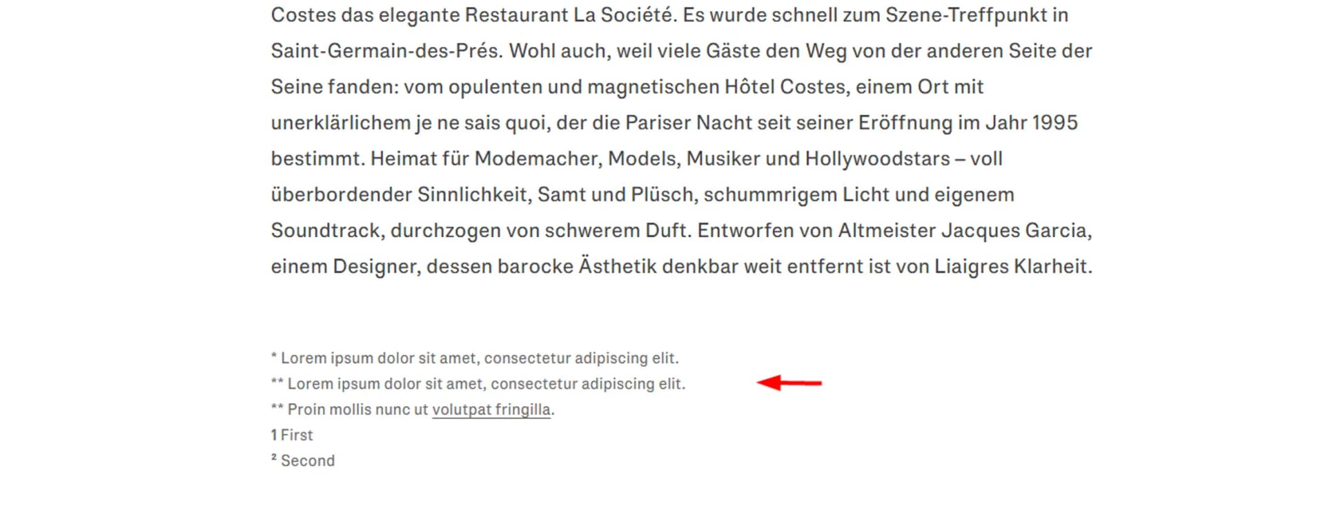 Text in German describes La Société restaurant. Below, small text includes placeholder Latin sentences. Red arrow points at Latin content.
