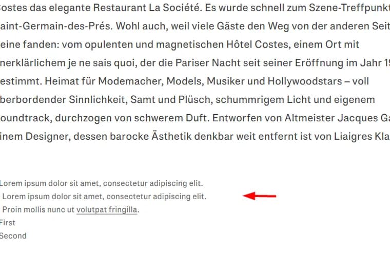 Text in German describes La Société restaurant. Below, small text includes placeholder Latin sentences. Red arrow points at Latin content.