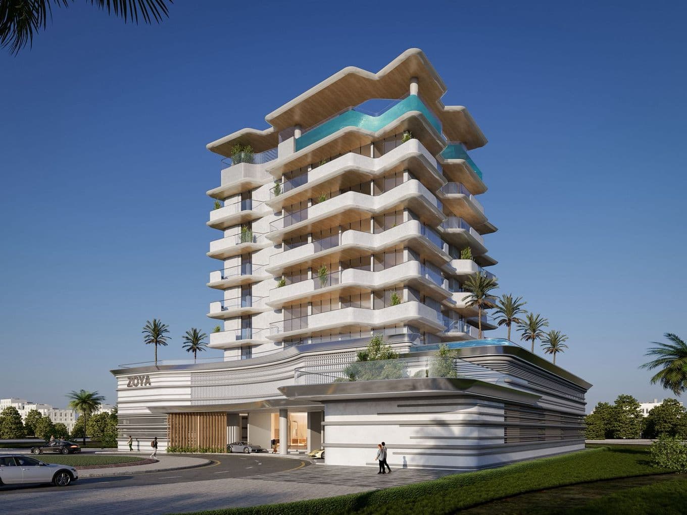 Modern multi-story building with balconies, rooftop pool, and minimalist design, surrounded by palm trees and clear blue sky.