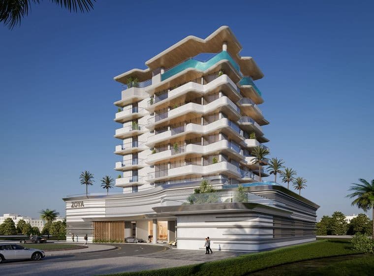 Modern multi-story building with balconies, rooftop pool, and minimalist design, surrounded by palm trees and clear blue sky.
