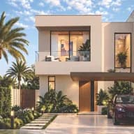 Modern white two-story house with glass balcony, tropical palms, and a red car parked under a curved wooden carport on a sunny day.