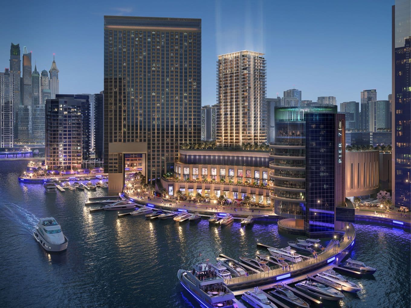 A vibrant cityscape at dusk with illuminated skyscrapers, a marina filled with yachts, and a boat on the water under a clear sky.