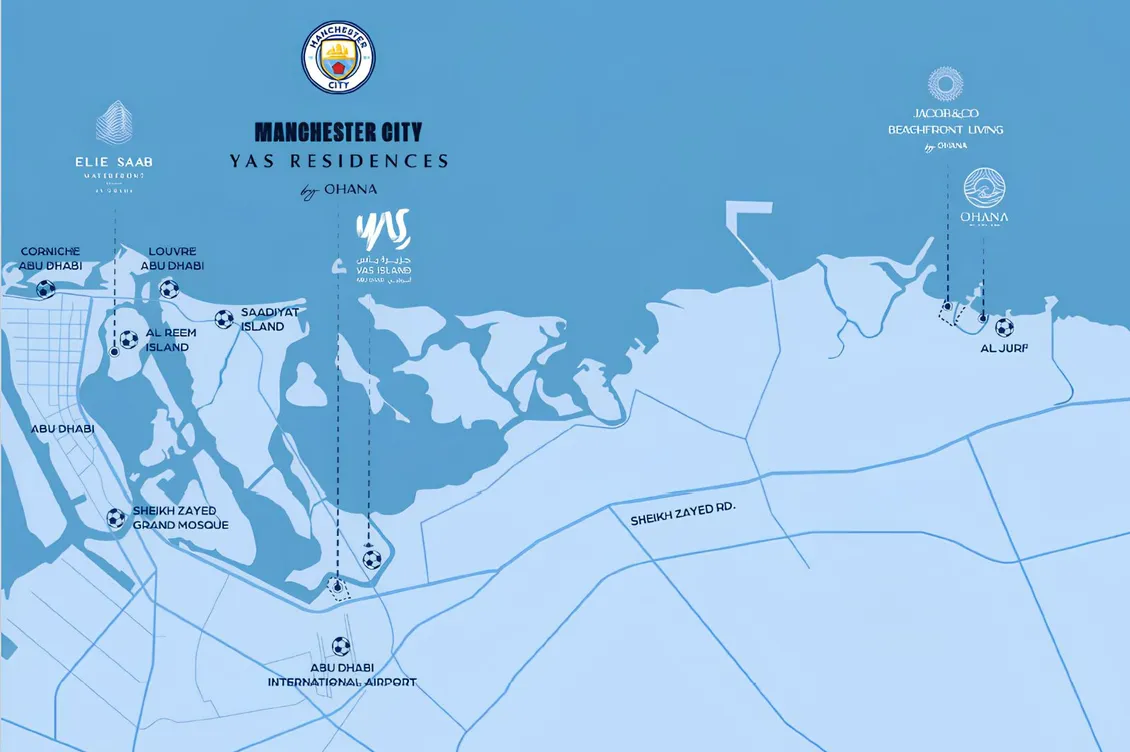 Blue Abu Dhabi coast map showing Louvre Abu Dhabi, Corniche, Saadiyat Island and Yas Island with Manchester City Yas Residences branding.