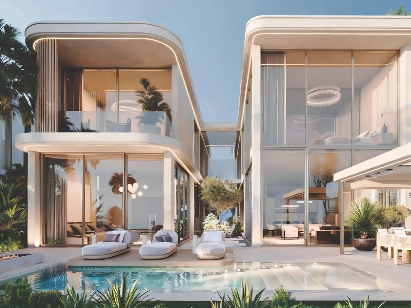 Two futuristic white glass houses with curved edges flank a reflecting pool, palm trees, and white outdoor lounge furniture in a modern courtyard. KI-generiertes Bild