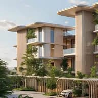 Modern beige apartment complex with curved canopies, vertical slats, glass balconies, lush greenery, and a white car parked beneath.