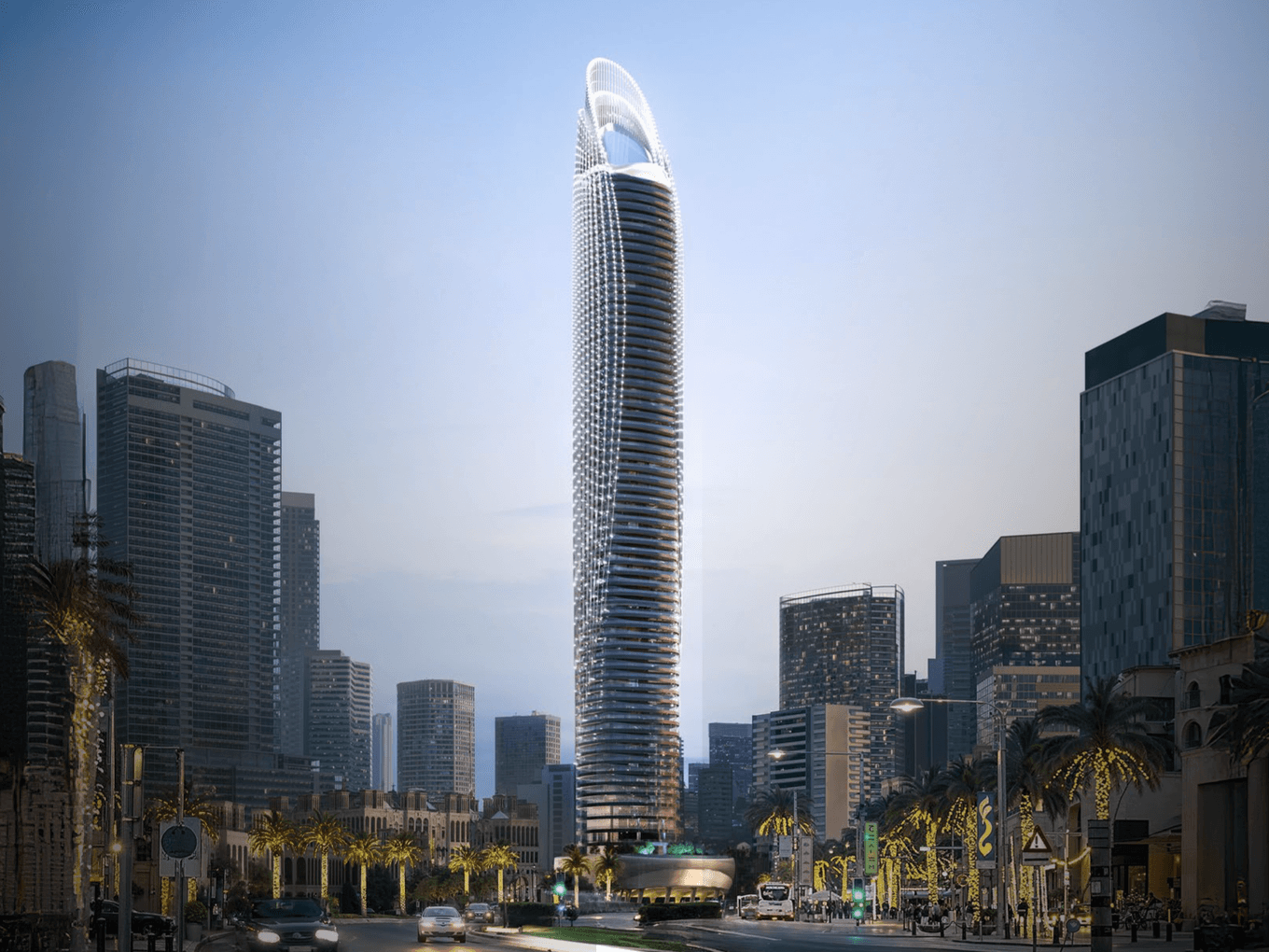 Sculpted balconies and glass façade at Binghatti Skyblade