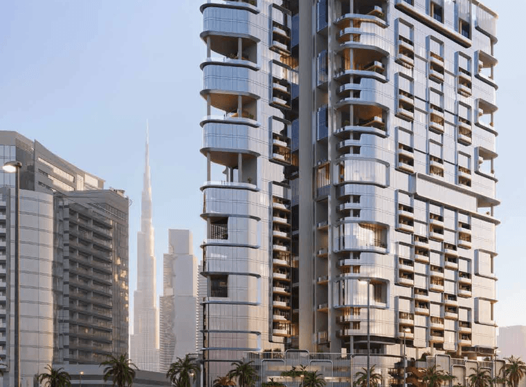 Futuristic glass-clad high-rise with stacked rounded balconies and HQ ROVE sign, in a city with palm trees and a busy street.