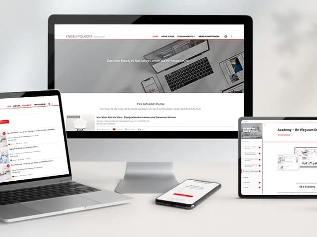 Mockup showing the E&V Academy learning platform's responsive design across multiple devices: a desktop monitor, laptop, smartphone, and tablet, all displaying different views of the platform's interface with red accent elements on a light gray background