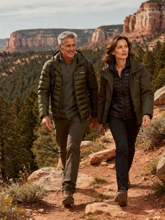 A man and woman hike on a rocky trail through a forested area with cliffs and distant plateaus in the background. They're wearing outdoor gear.