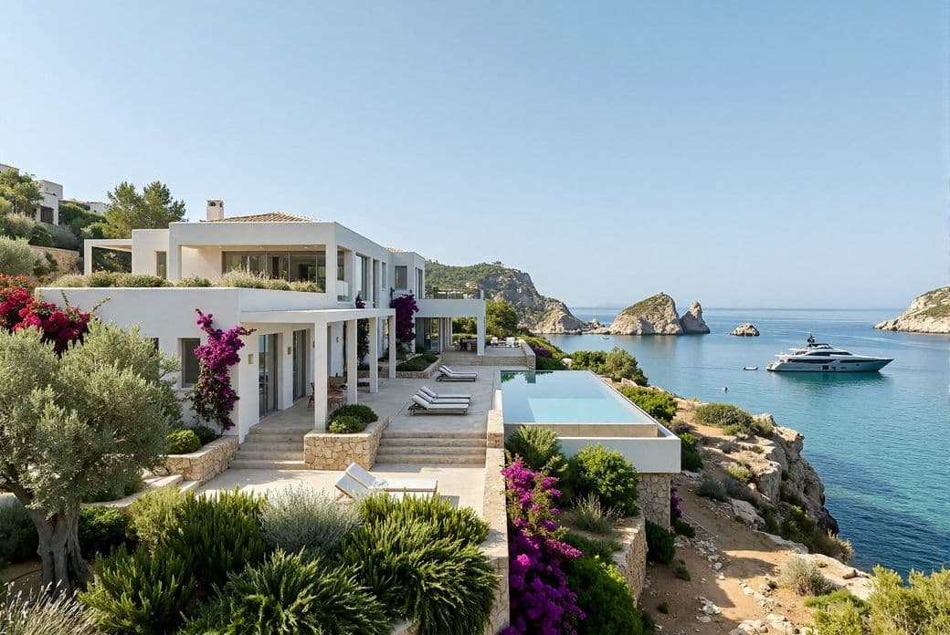 Modern white villa with a pool, overlooking the ocean and a yacht, surrounded by lush greenery and colorful flowers on a sunny day.