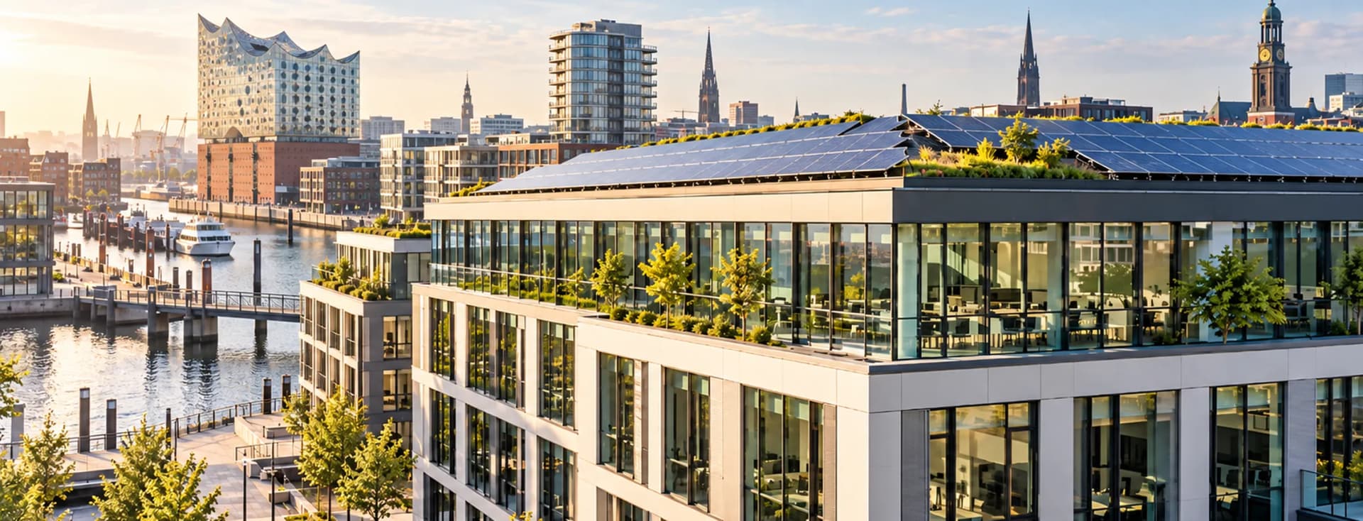 Sunlit modern glass building with rooftop greenery along the river, a city skyline with spires in the distance. AI-generated image