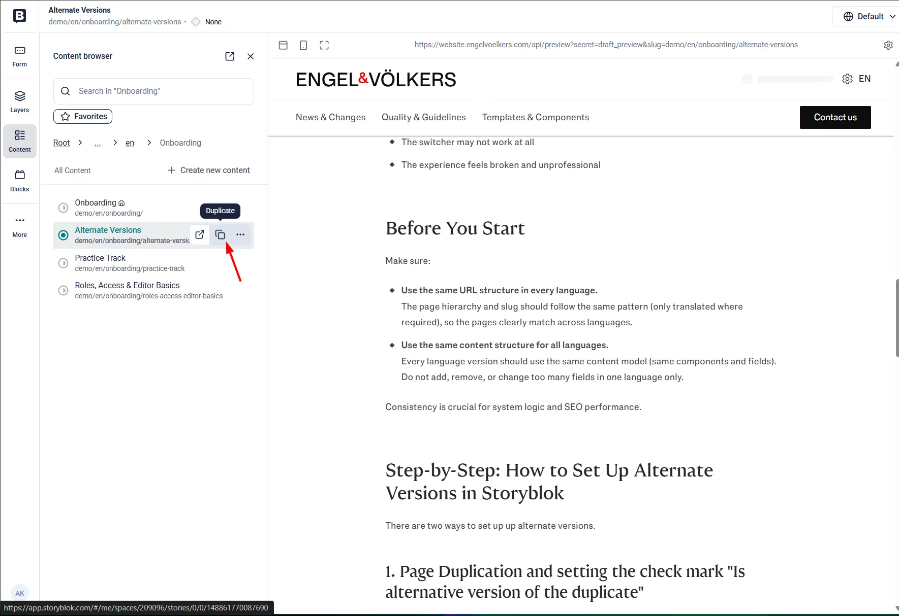 Screenshot of a webpage editor showing instructions for setting up alternate versions in Storyblok, with a highlighted button labeled "Duplicate."