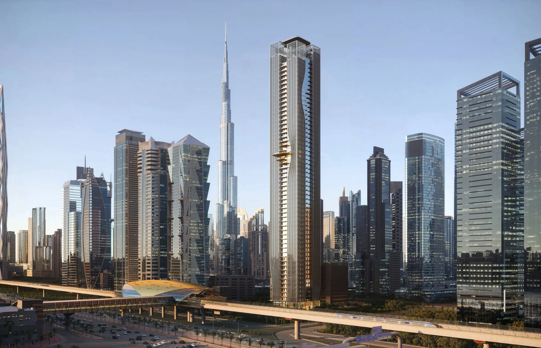 Futuristic city skyline with gleaming glass skyscrapers, including a slender central tower, and elevated highways under a clear blue sky.