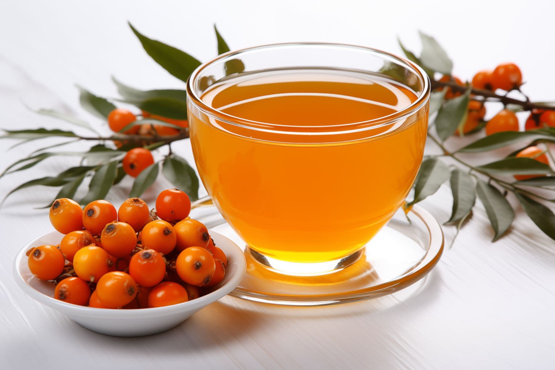 Heißer Sanddorntee in der Glastasse mit frischen Beeren - ein typisches Wintergetränk aus Norddeutschland