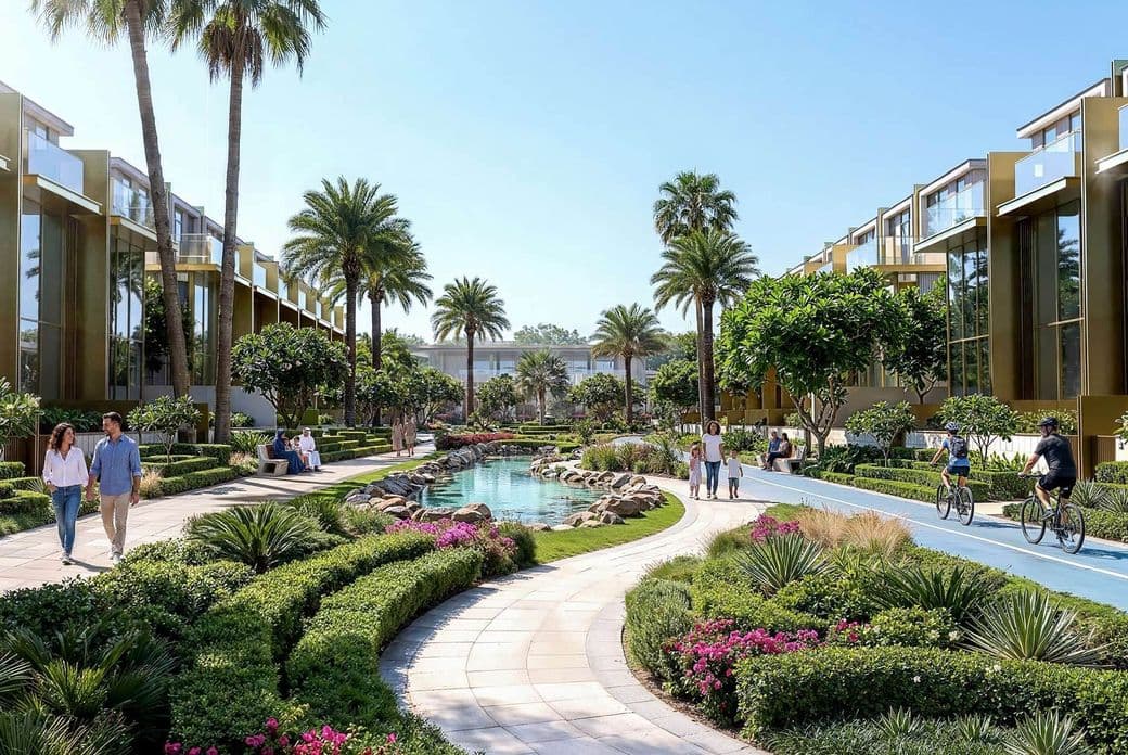 Modern residential complex with palm trees, walking paths, and pond. People stroll and cycle along landscaped greenery under clear blue sky.