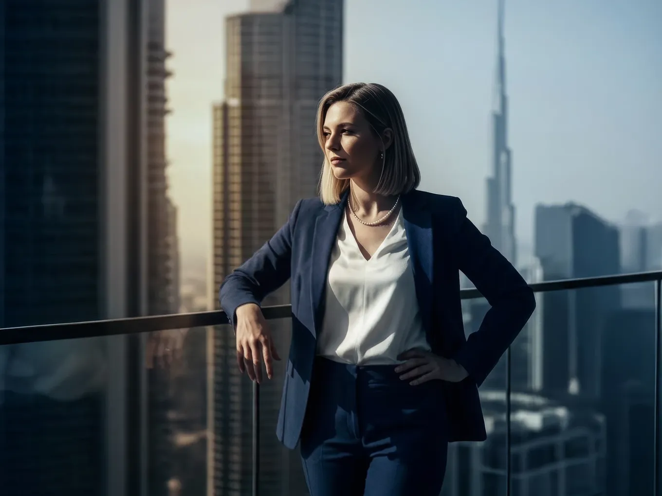 A woman in a blue suit stands on a balcony overlooking a city skyline with tall buildings and a clear sky.