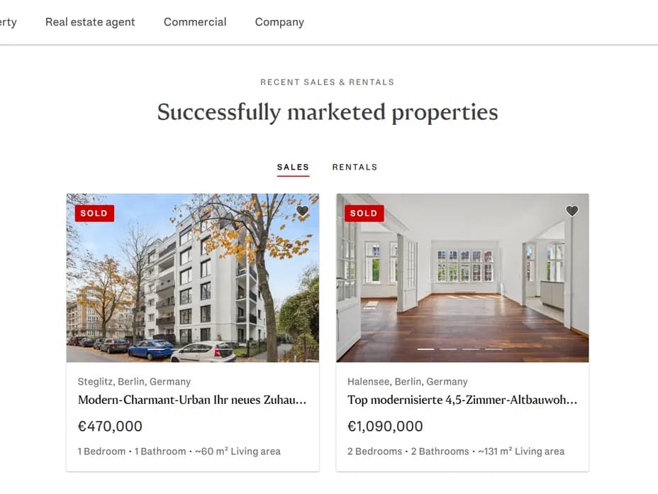 Webpage showing recently sold properties in Germany, one in Steglitz for €470,000 and one in Halensee for €1,090,000.