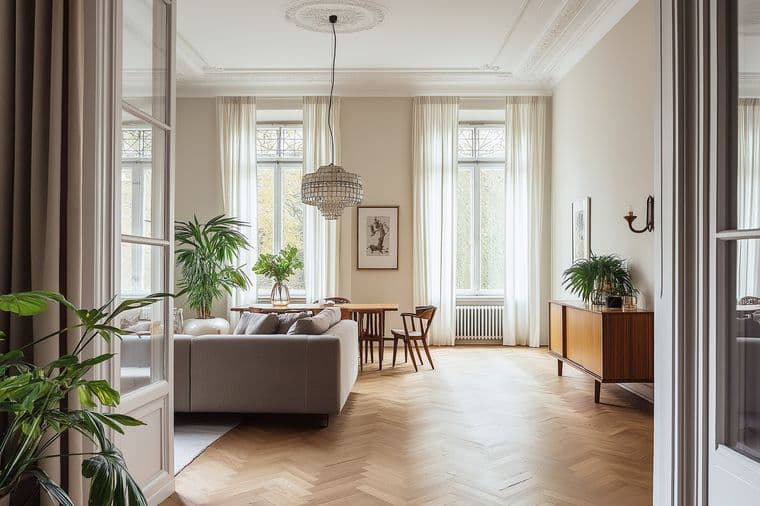 Elegant living room featuring herringbone parquet flooring, high ceilings with ornate moldings, a crystal chandelier, tall windows with sheer curtains, a grey sofa, mid-century modern furniture, and tropical plants adding natural elements to the space