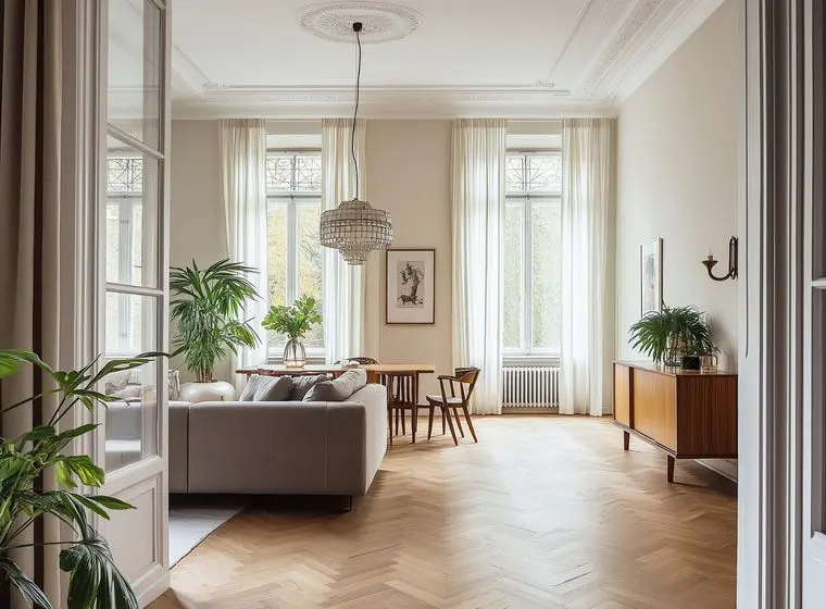 Elegant living room featuring herringbone parquet flooring, high ceilings with ornate moldings, a crystal chandelier, tall windows with sheer curtains, a grey sofa, mid-century modern furniture, and tropical plants adding natural elements to the space