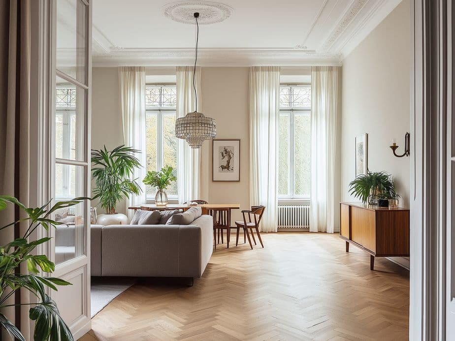 Elegantes Wohnzimmer mit Fischgrätparkett, hohen Decken mit dekorativen Stuckleisten, Kristalllüster, großen Fenstern mit transparenten Vorhängen, grauem Sofa, modernen Möbeln aus der Mitte des 20. Jahrhunderts und tropischen Pflanzen, die dem Raum eine natürliche Note verleihen. KI-generiertes Bild
