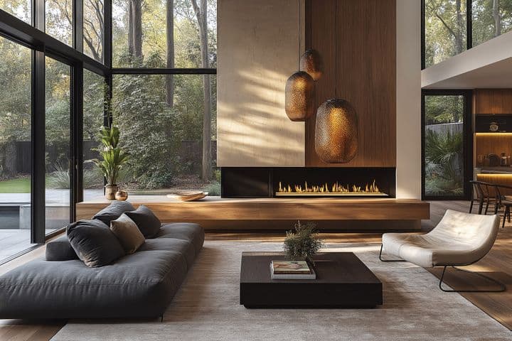 Moderní obývací pokoj s okny od podlahy ke stropu s výhledem do lesa, šedou modulární pohovkou, zavěšenými kovovými svítidly, liniovým plynovým krbem, dřevěnou podlahou a minimalistickým designem s přírodními prvky