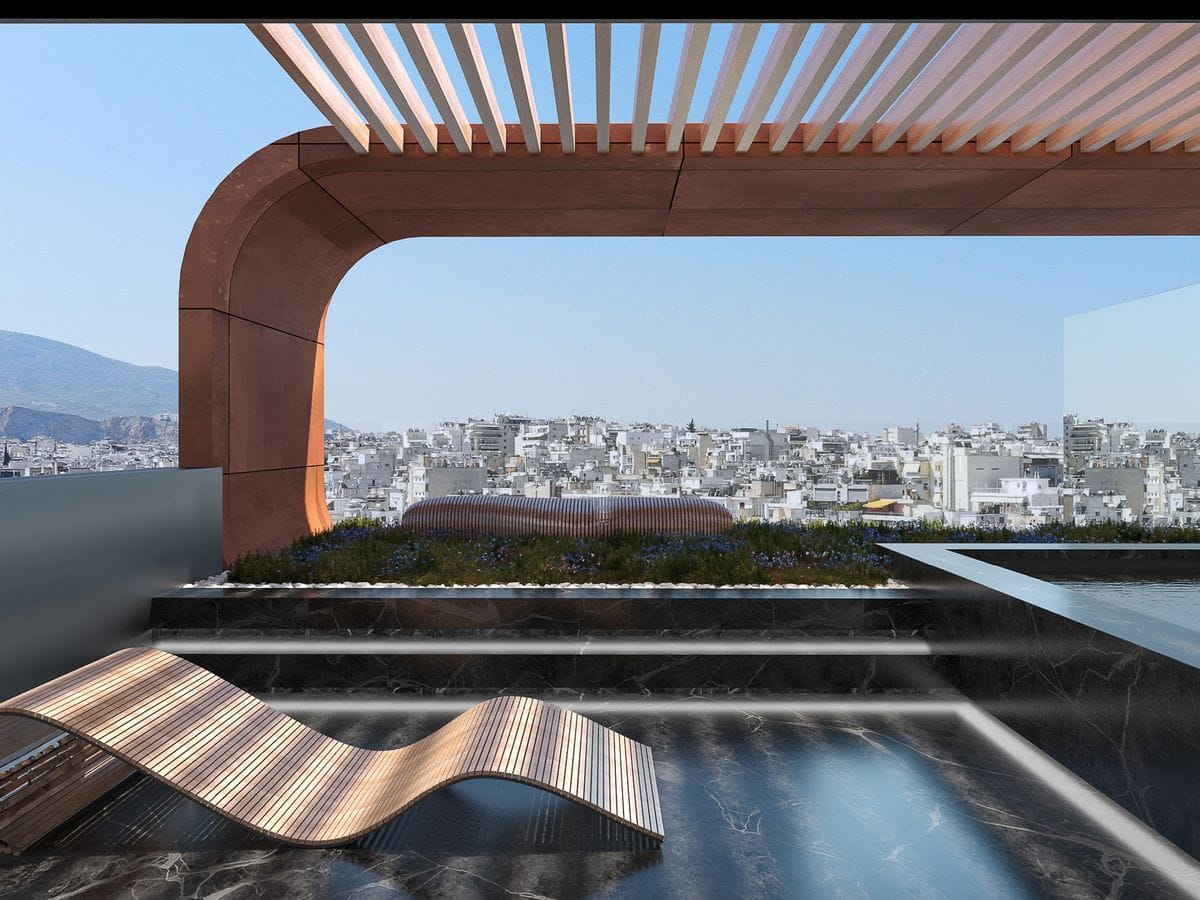 Rooftop terrace with curved wooden lounger, black marble pool, slatted pergola, planter bed and panoramic cityscape view.