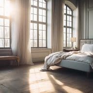 Sunlit bedroom with large windows, sheer curtains, and a gray upholstered bed with white linens. Wooden floors and a bench add warmth.