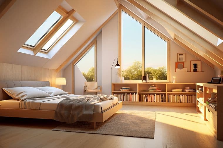 Attic bedroom with a bed, wood floors, and large windows. Bookshelves line the wall, and sunlight streams in.