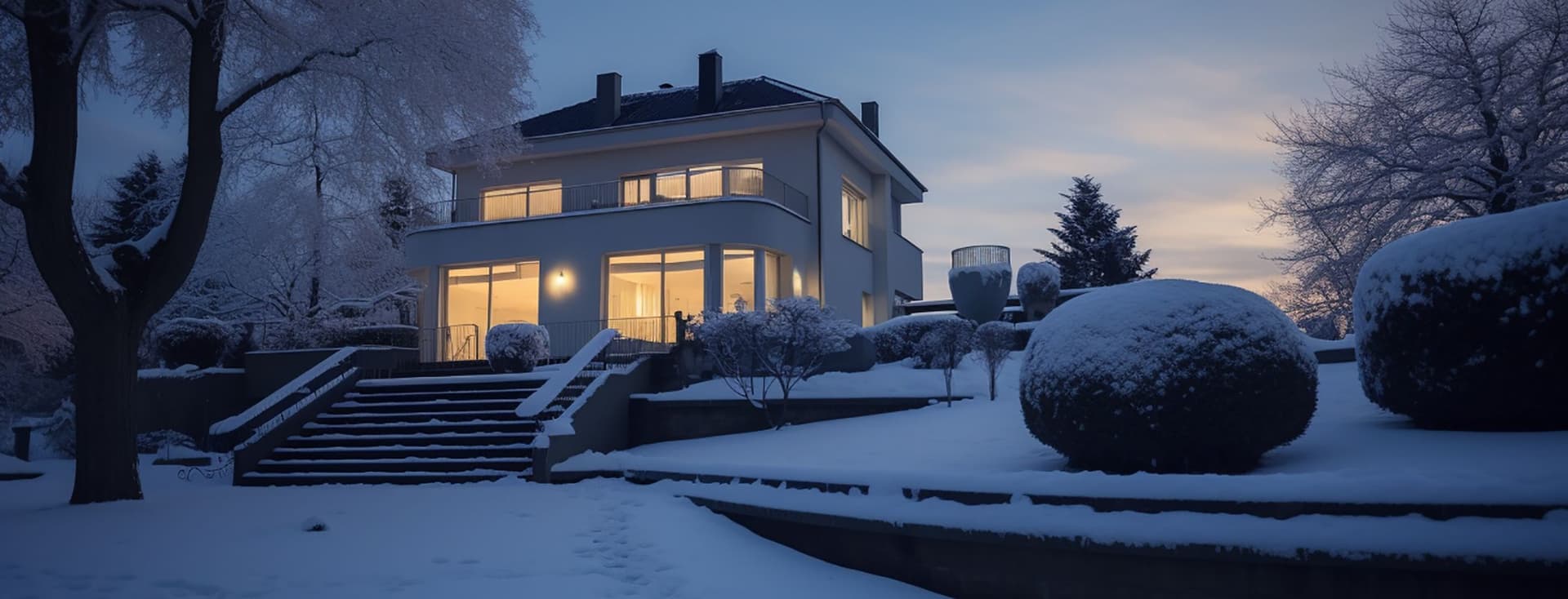 Modern contemporary house with illuminated windows and warm interior lighting surrounded by snow-covered garden with bare winter trees, sculpted topiary bushes, stone steps, and twilight blue sky