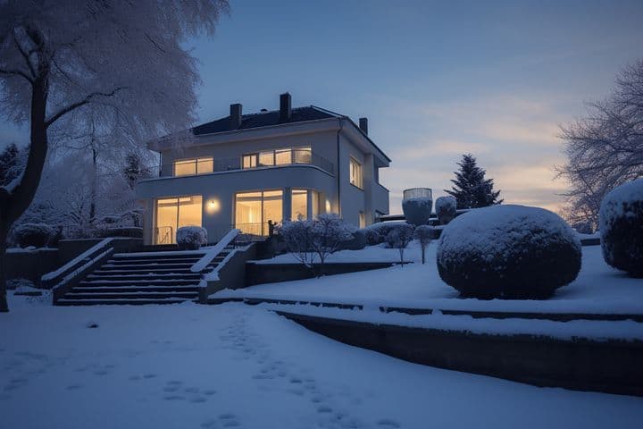 A two-story white house with lit windows sits in a snowy landscape at dusk. Trees and bushes are covered in snow. Footprints lead to the house.