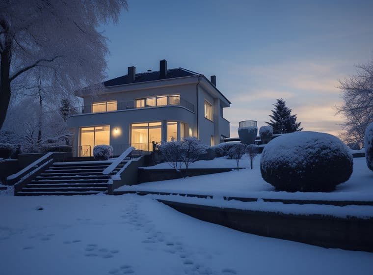 A two-story white house with lit windows sits in a snowy landscape at dusk. Trees and bushes are covered in snow. Footprints lead to the house.