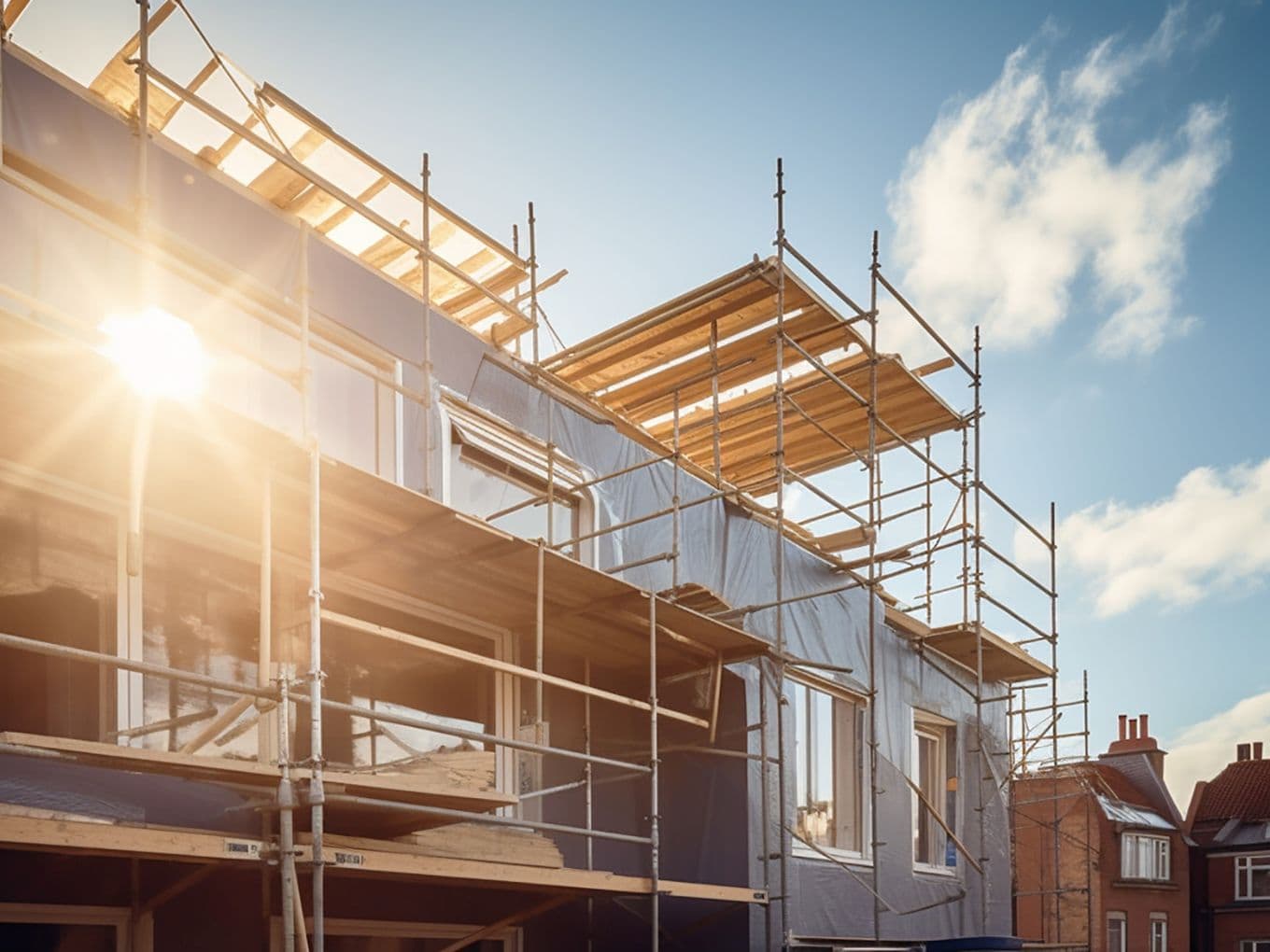 Sunlit construction site of modern row houses with scaffolding in Hamburg’s northeastern districts