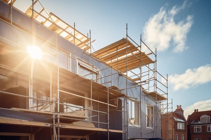Scaffolding surrounds a building under construction, with sunlight shining through. Blue sky and clouds are visible in the background.
