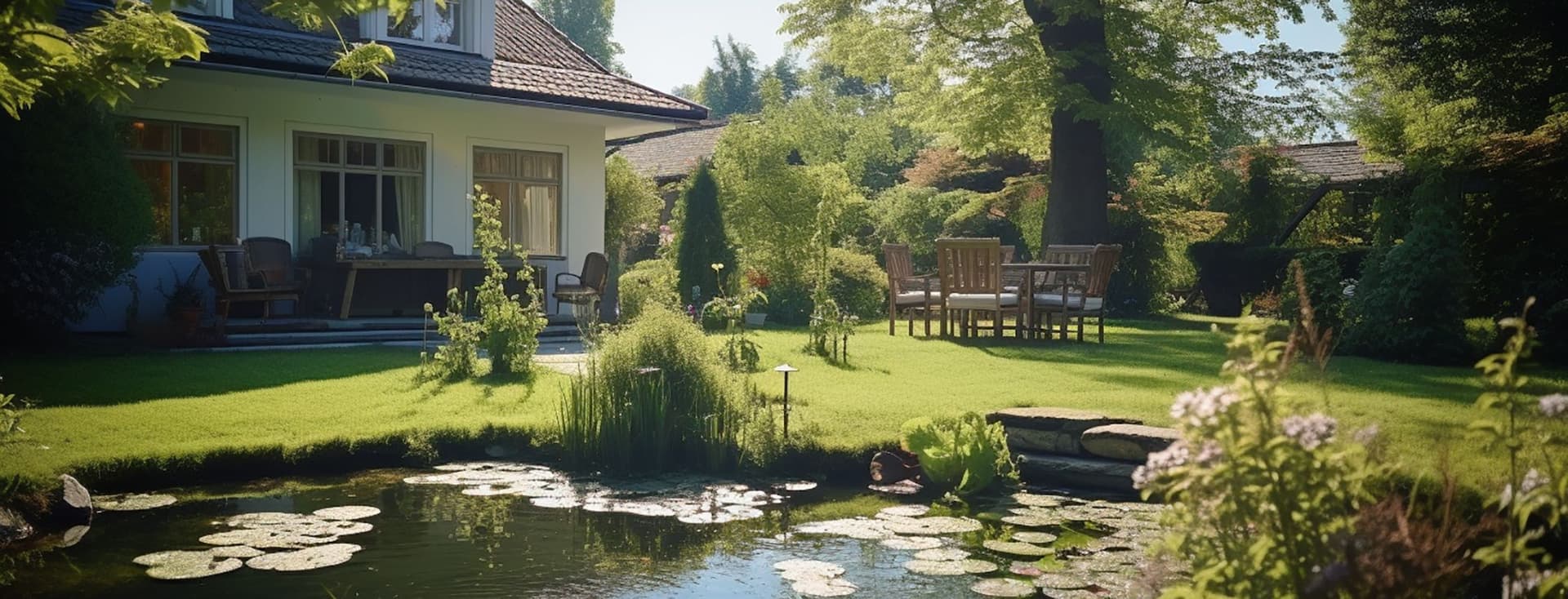 Lush garden with a pond, surrounded by trees and shrubs, adjacent to a house with a patio. Outdoor furniture is set up under a large tree.
