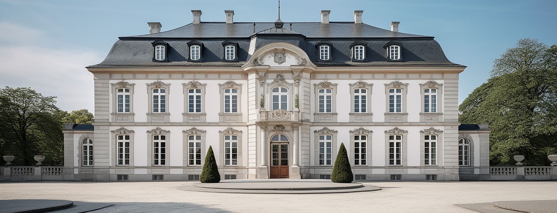 Exterior of a large, symmetrical white mansion with a dark gray roof and many windows. Two cone-shaped trees flank the entrance.