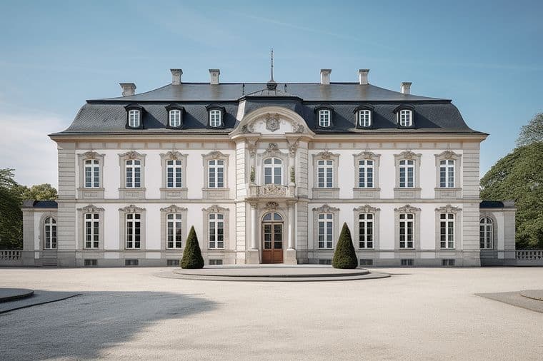 Exterior of a large, symmetrical white mansion with a dark gray roof and many windows. Two cone-shaped trees flank the entrance.