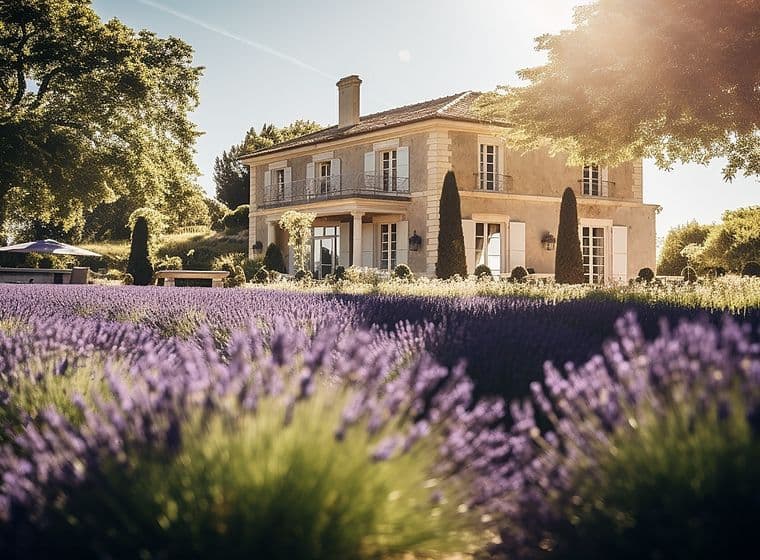 Elegante französische Villa mit cremefarbener Steinfassade und traditionellen Fensterläden, eingebettet zwischen blühenden violetten Lavendelfeldern, alten Platanen, Zypressen und dem goldenen Licht des Sonnenuntergangs in der Landschaft der Provence.