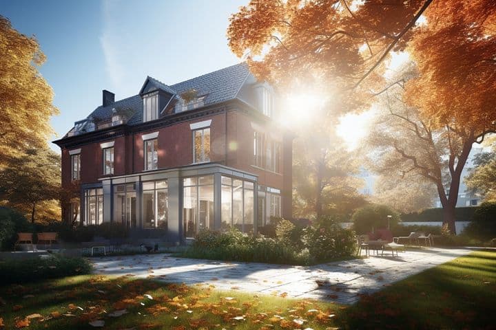 Stenen huis met een glazen serre-uitbouw, omgeven door herfstbomen en een stenen terras.