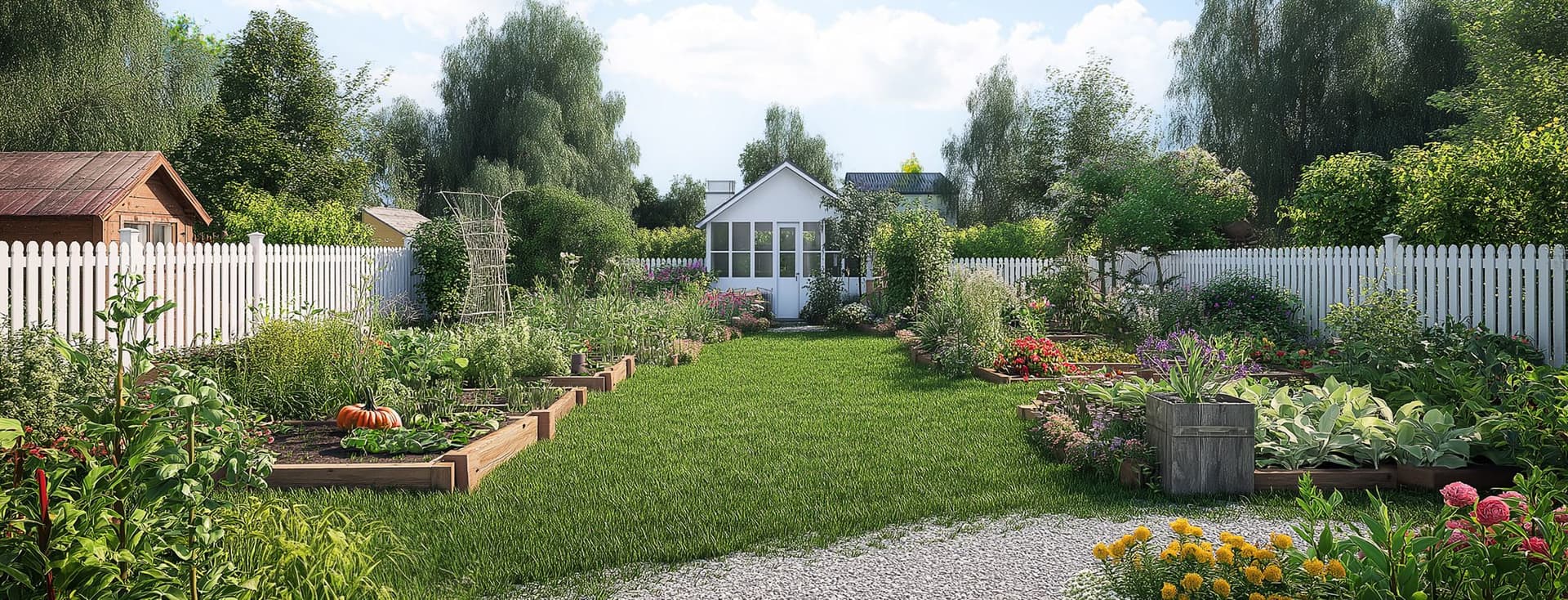 Lush garden with a white fence, gravel path, raised beds, and a small greenhouse under a blue sky with fluffy clouds.